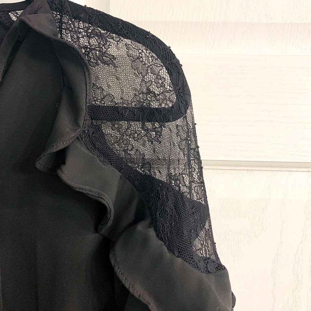 LULU’S BLACK RUFFLE BLOUSE WITH LACE SHOULDERS